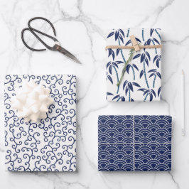 Japanisch Bamboo Seigaiha weiß und blau Geschenkpapier Set