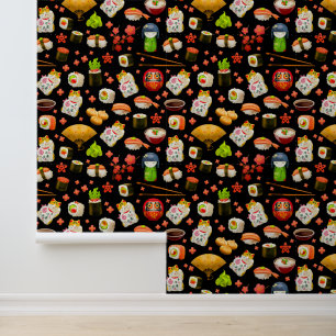 Japanisch Black Kawaii Sushi Decora Design Tapete