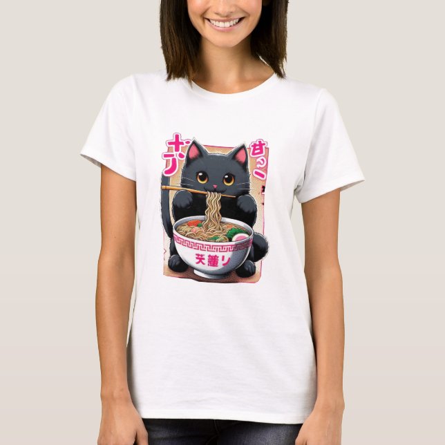 Japanisch Black Kitty Eating Ramen T-Shirt (Vorderseite)