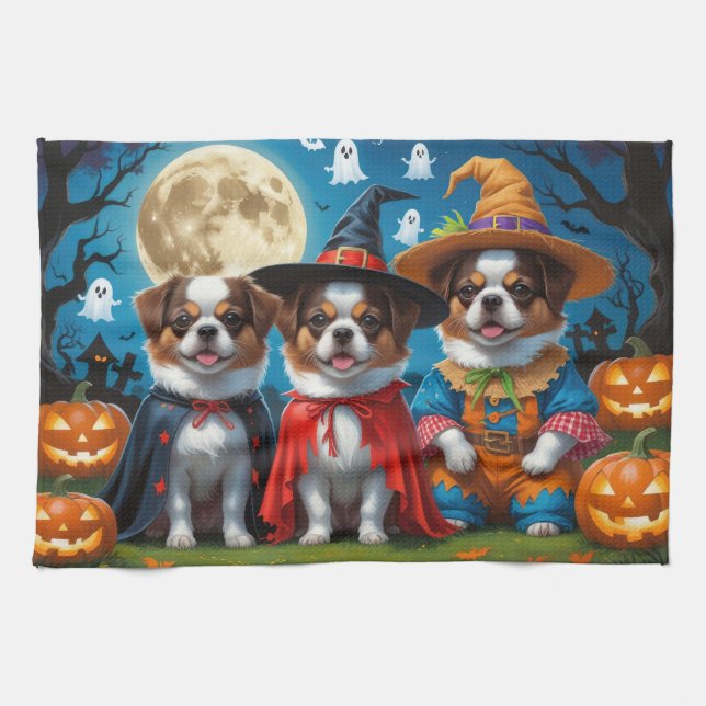 Japanisch Chin Dogs Pumpkin Halloween Funny Geschirrtuch (Horizontal)