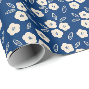 Japanisch Dunkelblau & Champagner Blumenmuster Geschenkpapier