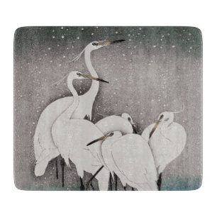 Japanisch Egrets Koson Cranes Winter Snow Schneidebrett