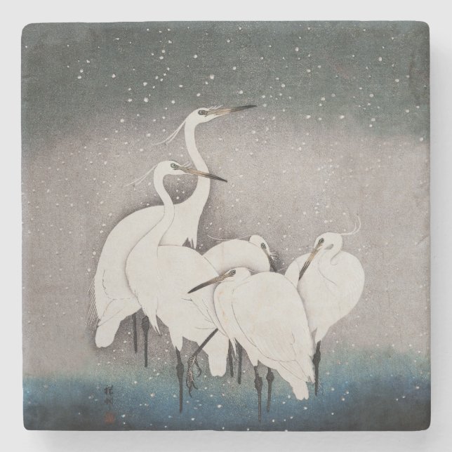 Japanisch Egrets Koson Cranes Winter Snow Steinuntersetzer (Vorderseite)