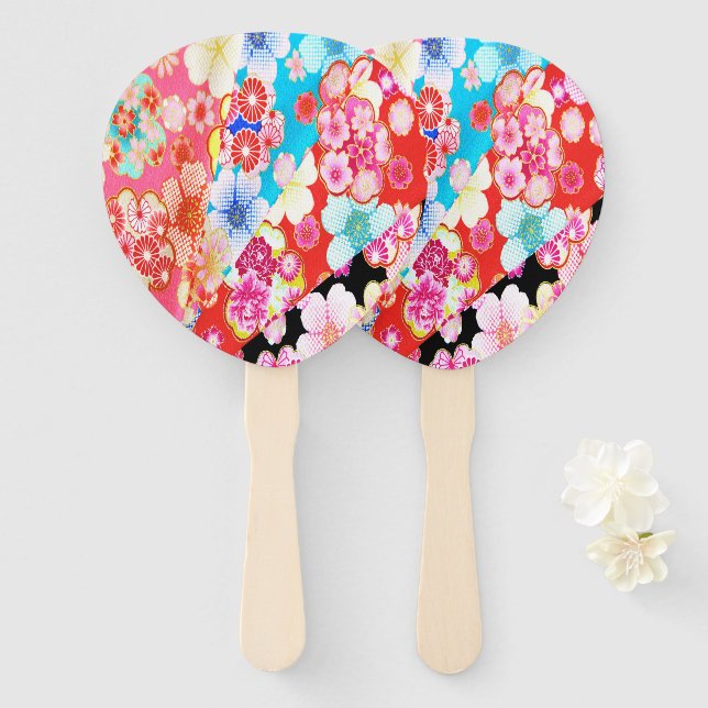 Japanisch Floral Cherry Blossom Pink Blue Red Fächer (Vorne und Hinten)