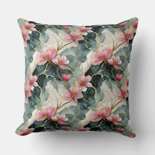 Japanisch, floral, rosa mit Gold Kissen