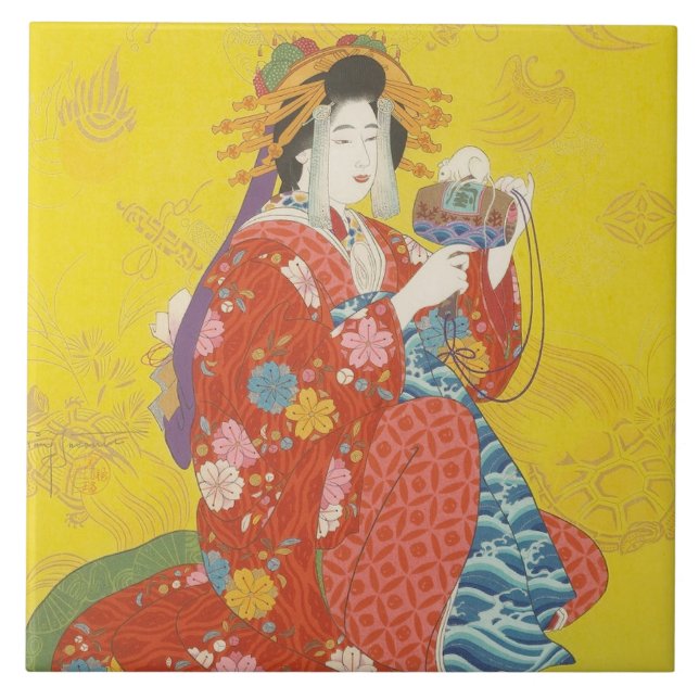 Japanisch Geisha Lady Keramik Tile Fliese (Vorderseite)