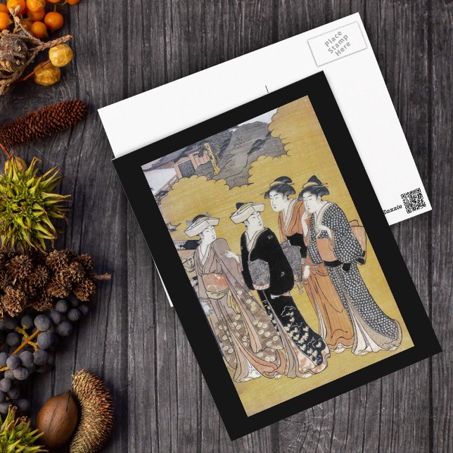 Japanisch Geisha Ladys Postcard Postkarte (Group vintage Japanese Geisha women traditional clothing on tan with black border postcard.)