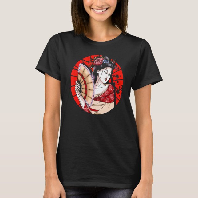 Japanisch Geisha mit Fan Sakura Japan Geisha T-Shirt (Vorderseite)