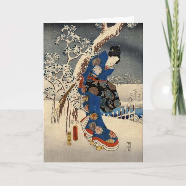 Japanisch Geisya in Snow, Toyokuni, Ukiyo-e Karte (Vorderseite)