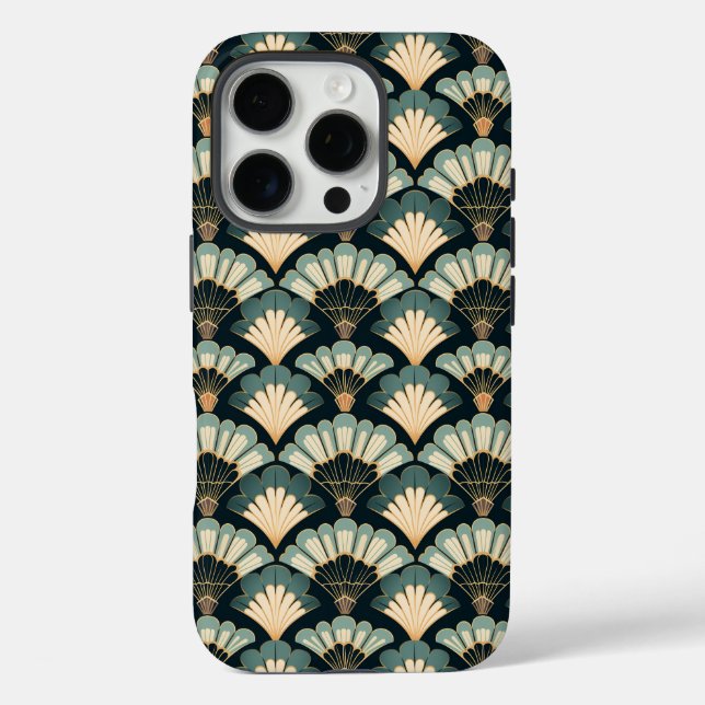 Japanisch inspiriert Aquamarin & Beige Fan iPhone 16 Pro Hülle (Rückseite)
