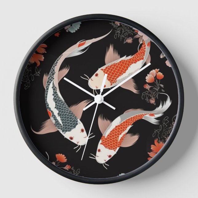 Japanisch inspiriert Orange und Weiß Koi & Blume Uhr (Vorderseite)