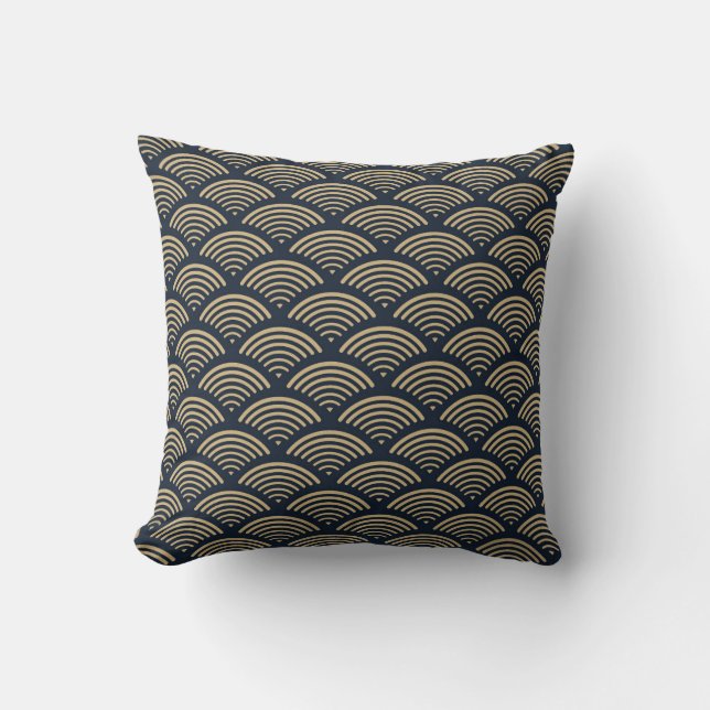 Japanisch inspiriertes Musterindigo und tan Design Kissen (Vorderseite)