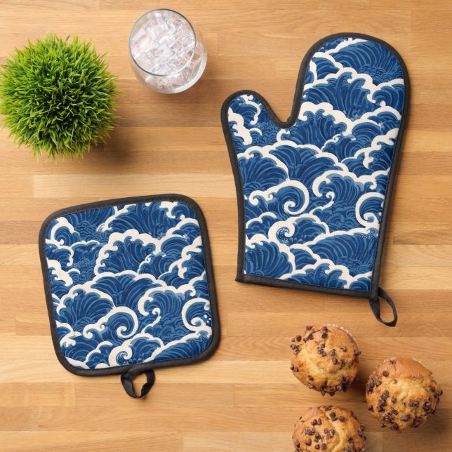 japanisch Inspiriertes Seamless Ocean Wave Muster Ofenhandschuh & Topflappen-Set (Oben Unten)