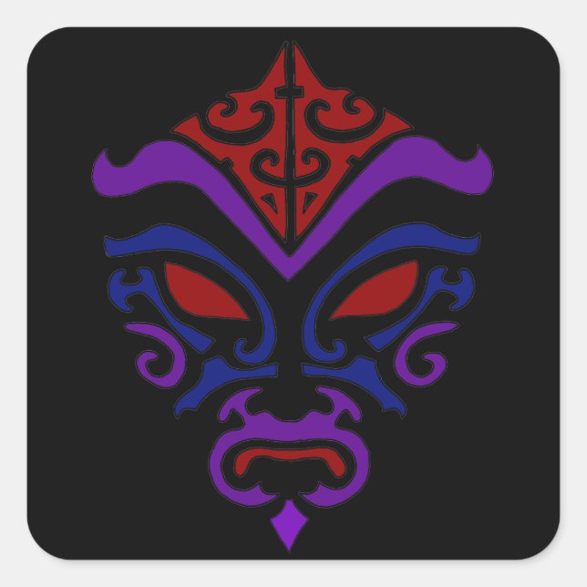 Japanisch Kabuki Maske Tribal Lila Makeup Quadratischer Aufkleber (Vorderseite)
