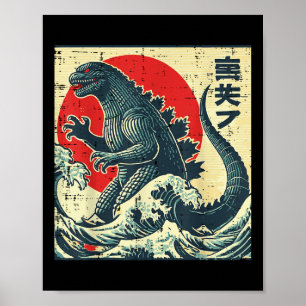 Japanisch Kaiju Monster Waves Retro Ukiyo Art Frau Poster