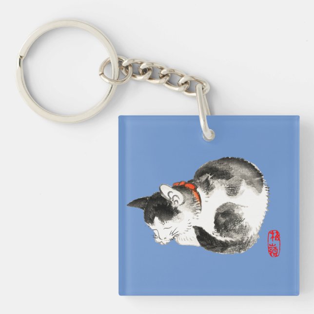 Japanisch Katze schwarz und weiß schlafen Schlüsselanhänger (Vorderseite)