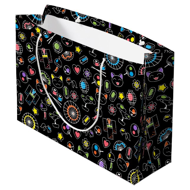 Japanisch Kawaii Kultur Doodles auf schwarz Große Geschenktüte (Rückseite Schrägansicht)