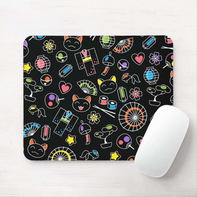 Japanisch Kawaii Kultur Doodles auf schwarz Mousepad (Mit Mouse)