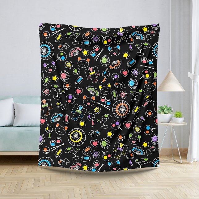 Japanisch Kawaii Kultur Doodles auf schwarz Sherpadecke (Von Creator hochgeladen)