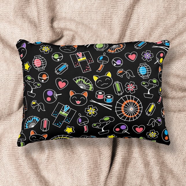 Japanisch Kawaii Kultur Doodles auf schwarz Zierkissen (Von Creator hochgeladen)