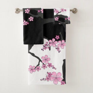 Japanisch Kimono Schwarz-Weiß-Rosa Sakura Badhandtuch Set
