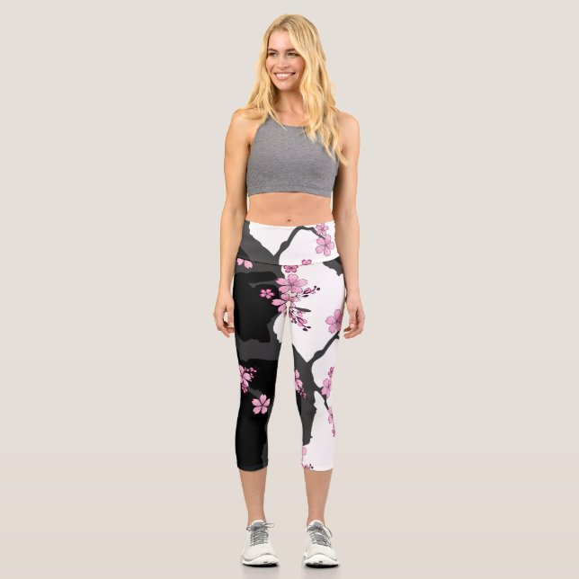 Japanisch Kimono Schwarz-Weiß-Rosa Sakura Capri Leggings (Vorderseite)