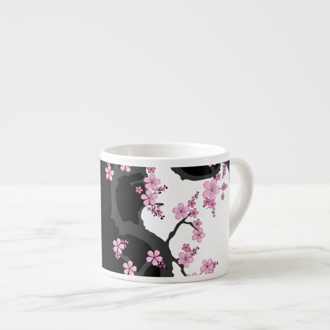 Japanisch Kimono Schwarz-Weiß-Rosa Sakura Espressotasse (Vorderseite Rechts)