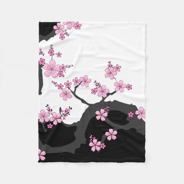 Japanisch Kimono Schwarz-Weiß-Rosa Sakura Fleecedecke (Vorderseite)