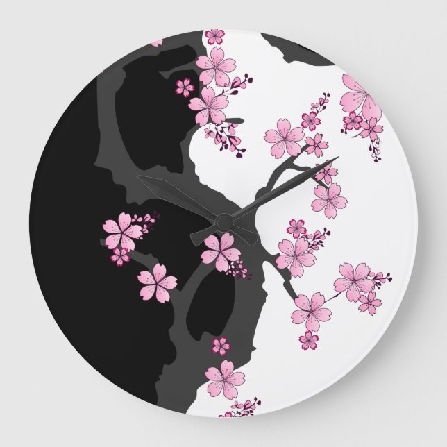 Japanisch Kimono Schwarz-Weiß-Rosa Sakura Große Wanduhr (Vorderseite)