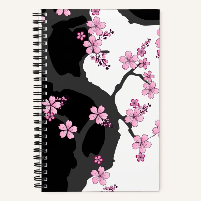 Japanisch Kimono Schwarz-Weiß-Rosa Sakura Notizbuch (Vorderseite)