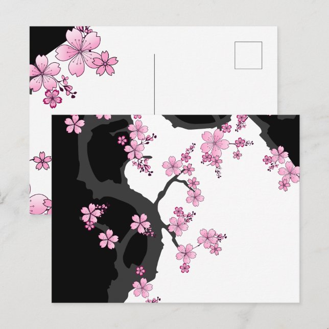 Japanisch Kimono Schwarz-Weiß-Rosa Sakura Postkarte (Vorne/Hinten)