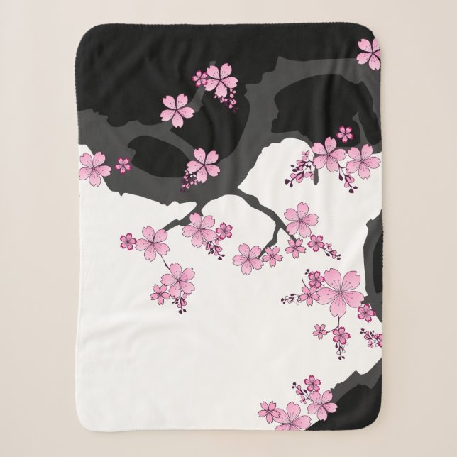 Japanisch Kimono Schwarz-Weiß-Rosa Sakura Sherpadecke (Vorderseite)