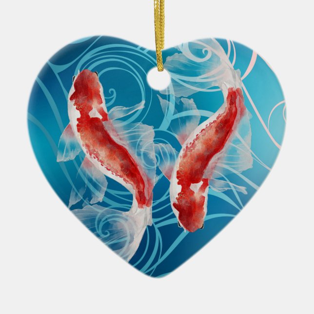 Japanisch Koi Fish Oriental Waves Paare Weihnachte Keramik Ornament (Vorne)