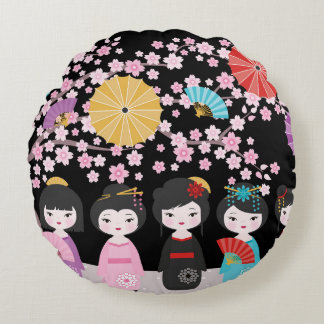 Japanisch Kokeshi Dolls Black Rundes Kissen
