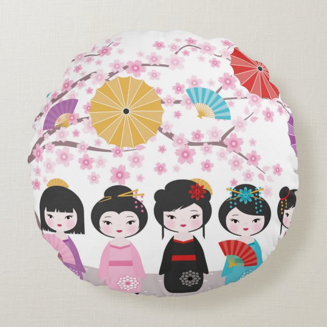Japanisch Kokeshi Dolls Rundes Kissen (Vorderseite)