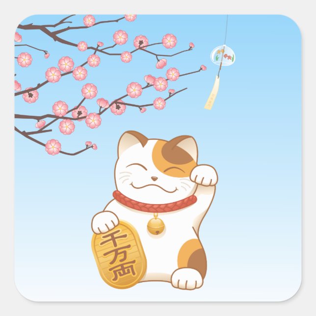 Japanisch Lucky Calico Cat, Maneki Neko Quadratischer Aufkleber (Vorderseite)