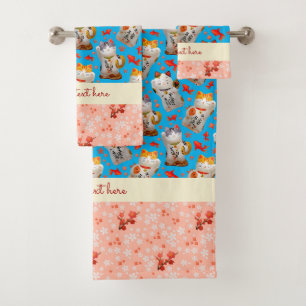 Japanisch Lucky Cat Kimono Blue Pink Koi Carp Badhandtuch Set