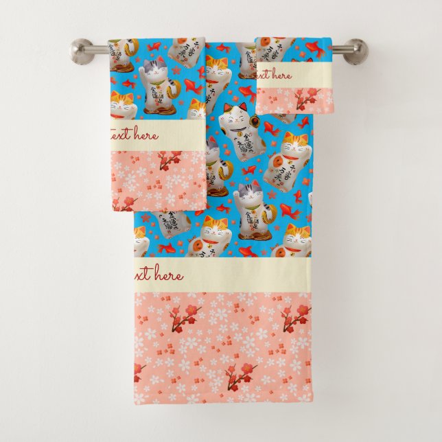 Japanisch Lucky Cat Kimono Blue Pink Koi Carp Badhandtuch Set (Insitu)