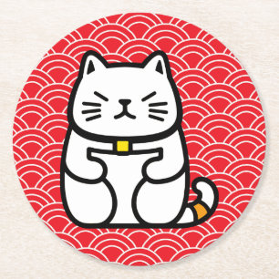 Japanisch Lucky Cat oder Maneki-Neko Runder Pappuntersetzer
