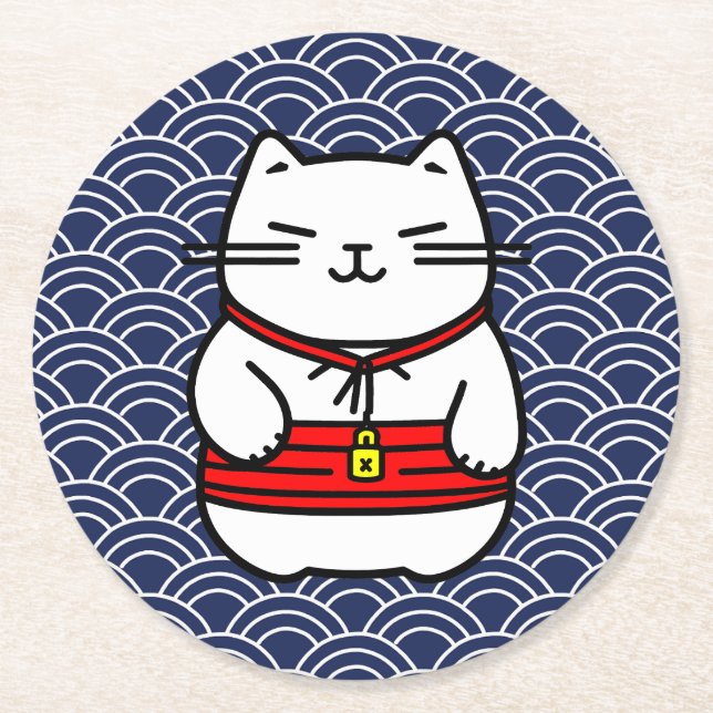 Japanisch Lucky Cat oder Maneki-Neko Runder Pappuntersetzer (Vorderseite)
