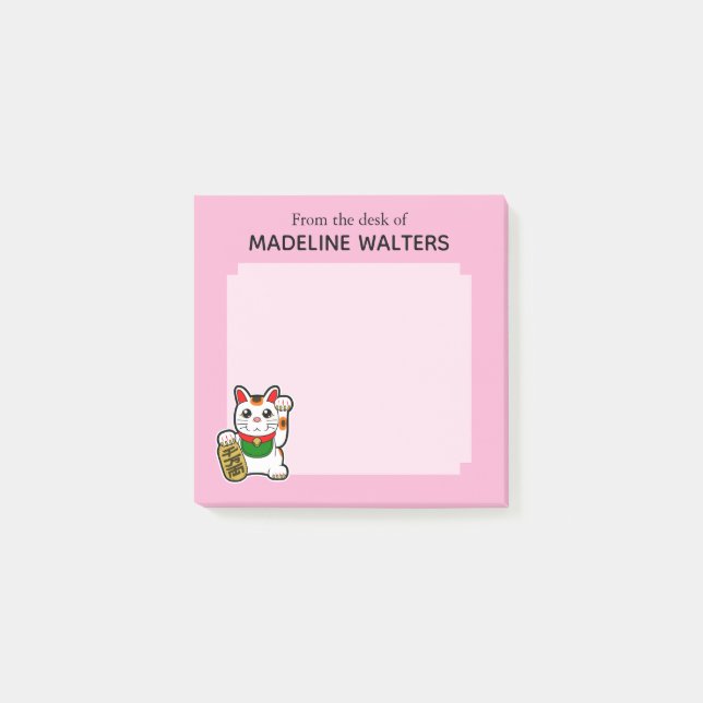 Japanisch Lucky Cat Pink Personalisiert Post-it Klebezettel (Vorderseite)