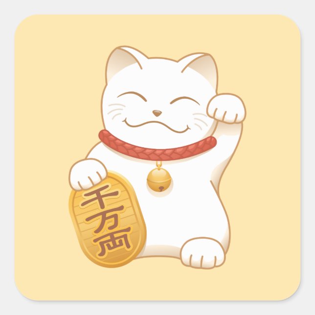 Japanisch Lucky White Cat, Maneki Neko Quadratischer Aufkleber (Vorderseite)