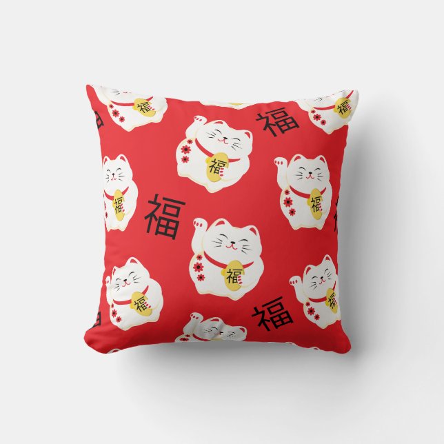 Japanisch Maneki Neko Good Fortune Cat Kissen (Vorderseite)