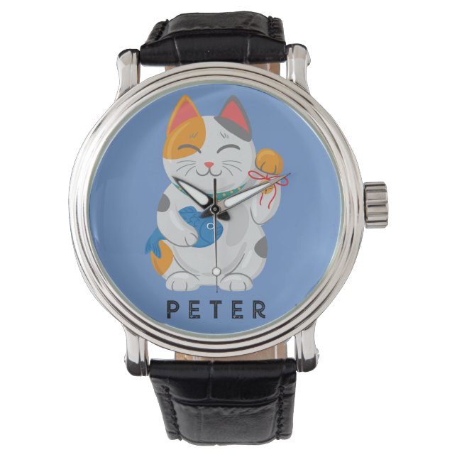 Japanisch Maneki Neko White Cat, viel Glück-Symbol Armbanduhr (Vorderseite)