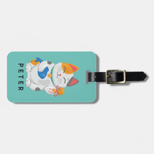 Japanisch Maneki Neko White Cat, viel Glück-Symbol Gepäckanhänger (Vorderseite horizontal)