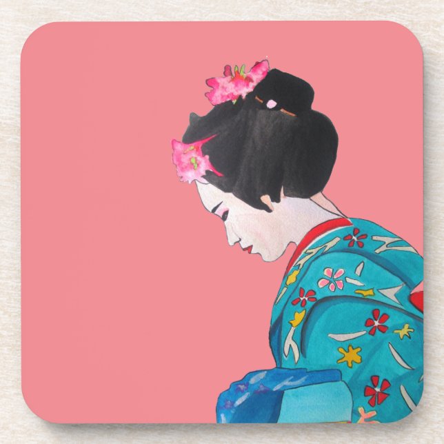 Japanisch niedliche Geisha mit Kirschblüte Getränkeuntersetzer (Vorderseite)