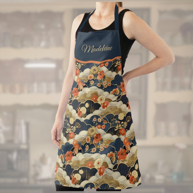 Japanisch Retro Aquamarin floral Kimono Print Mono Schürze (Von Creator hochgeladen)