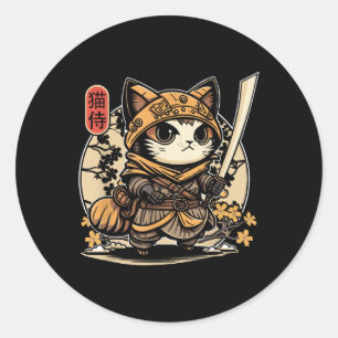 Japanisch Samurai Cat Tattoo, Kawaii Ninja Cat _3 Runder Aufkleber