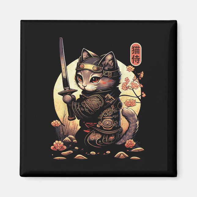 Japanisch Samurai Cat Tattoo, Kawaii Ninja Cat Magnet (Vorne)