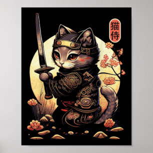 Japanisch Samurai Cat Tattoo, Kawaii Ninja Cat Poster